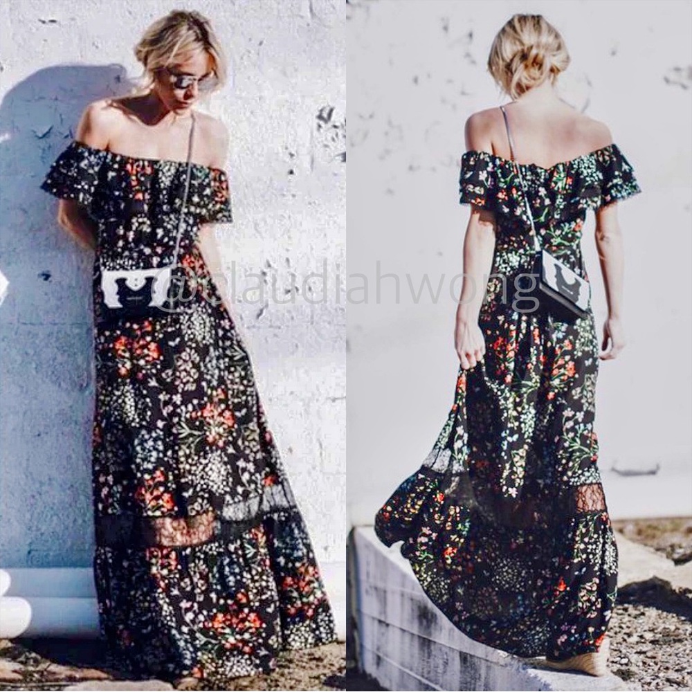 ALICE + OLIVIA Cherri Off Shoulder Floral Lace Maxi Gown in Black - Picture 6 of 15